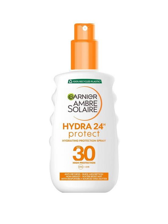 front image of garnier-ambre-solaire-ultra-hydrating-shea-butter-sun-cream-spray-spf30-200ml-save-35