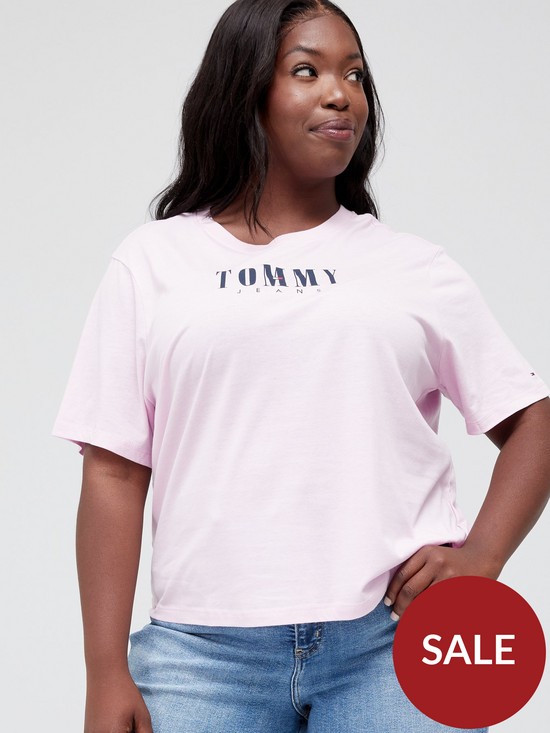 front image of tommy-jeans-curve-regular-fit-essential-logo-2-short-sleeve-t-shirt--nbsppink