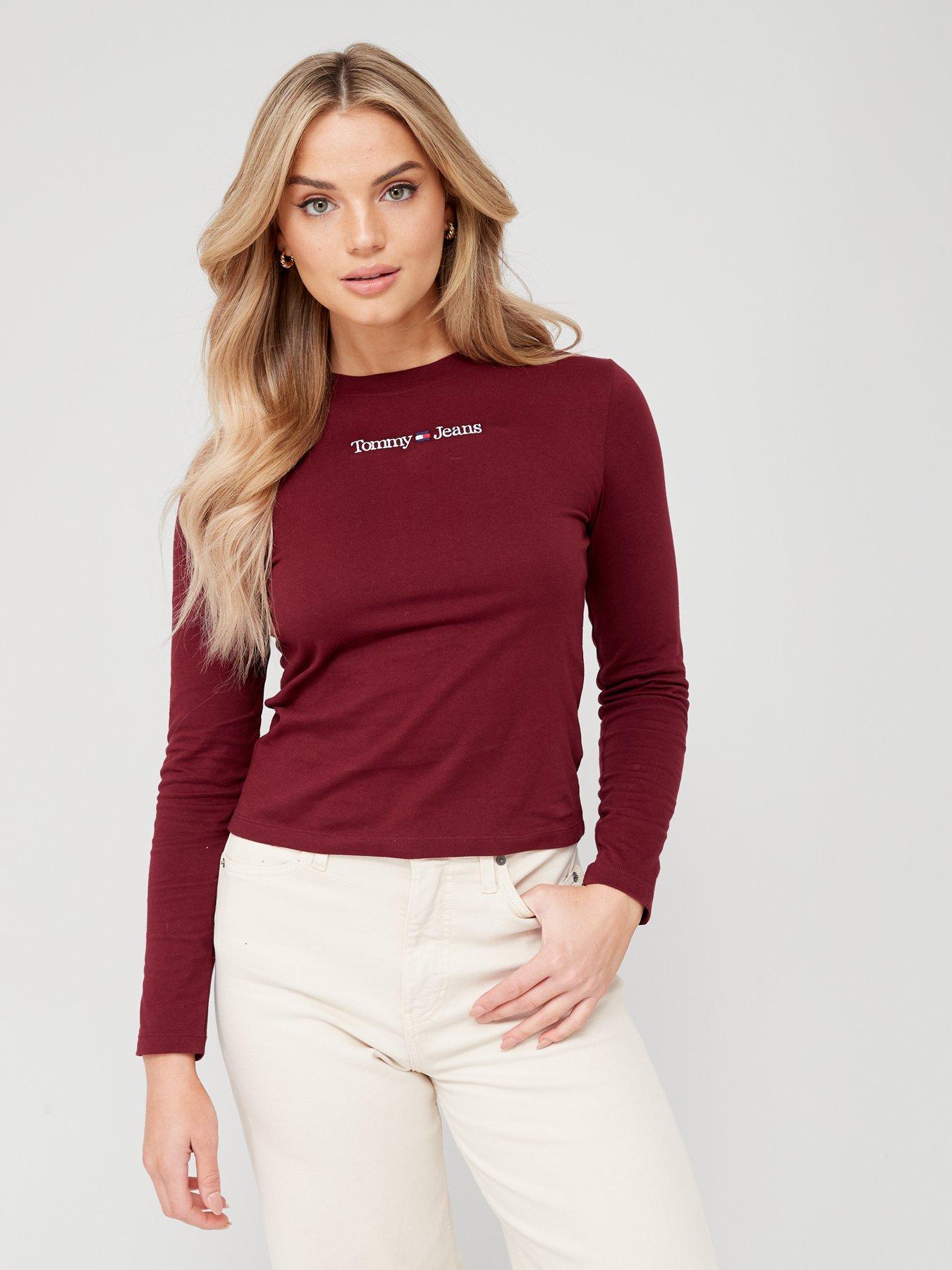 front image of tommy-jeans-baby-logo-long-sleeve-top-berry