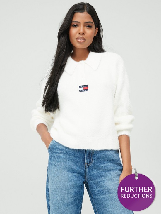 front image of tommy-jeans-boxy-crop-furry-polo-sweater-white