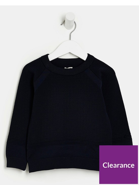 front image of river-island-mini-mini-boys-knitted-waffle-jumper-navy