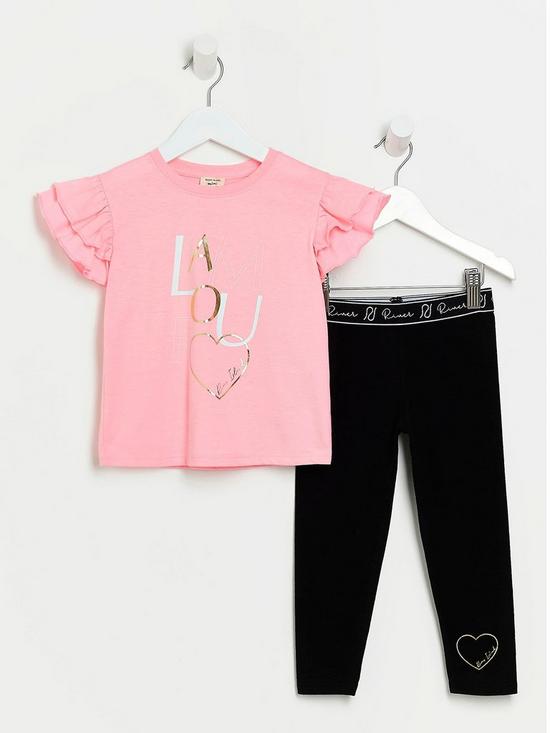 front image of river-island-mini-mini-girls-slogan-frill-tshirt-and-legging-set-pink