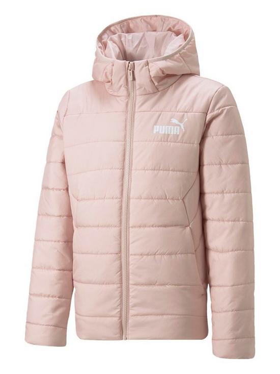 front image of puma-girls-essentials-hooded-padded-jacket-pink