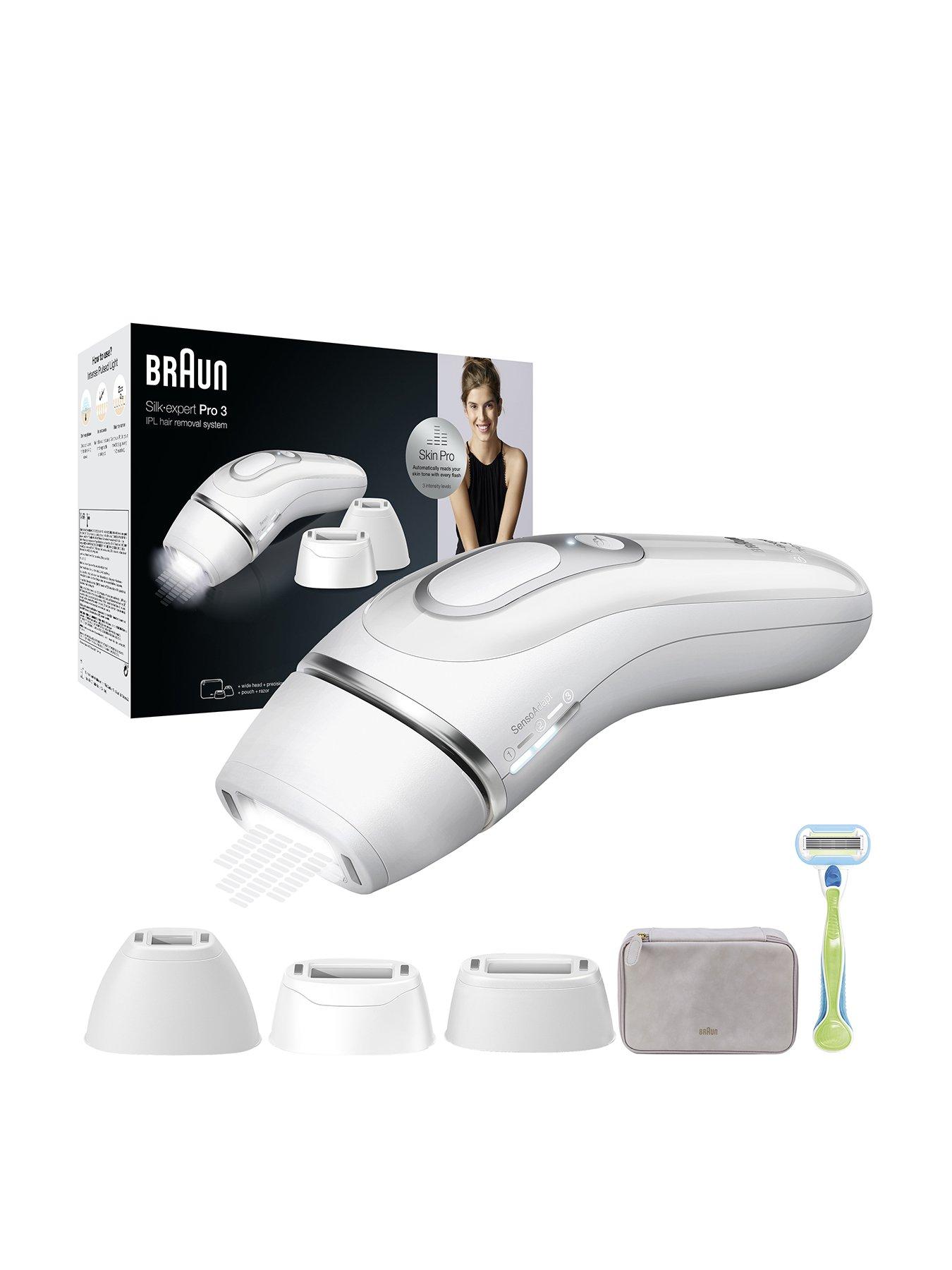 front image of braun-silkmiddotexpert-pro-3-pl3233-womens-ipl-at-home-hair-removal-device-with-pouch-whitesilver