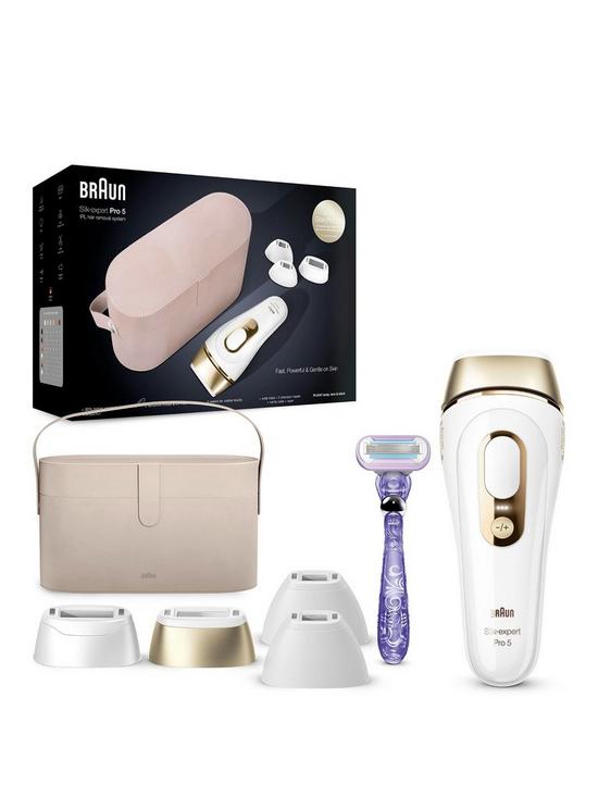 front image of braun-ipl-silk-expert-pro-5-at-home-hair-removal-device-with-pouch-pl5347-whitegold