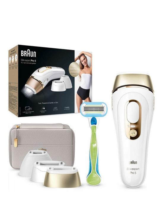 front image of braun-ipl-silk-expert-pro-5-at-home-hair-removal-device-with-pouch-pl5257--nbspwhitegold