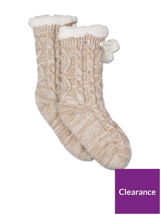 front image of ugg-pom-pom-fleece-lined-crew-sock-cream