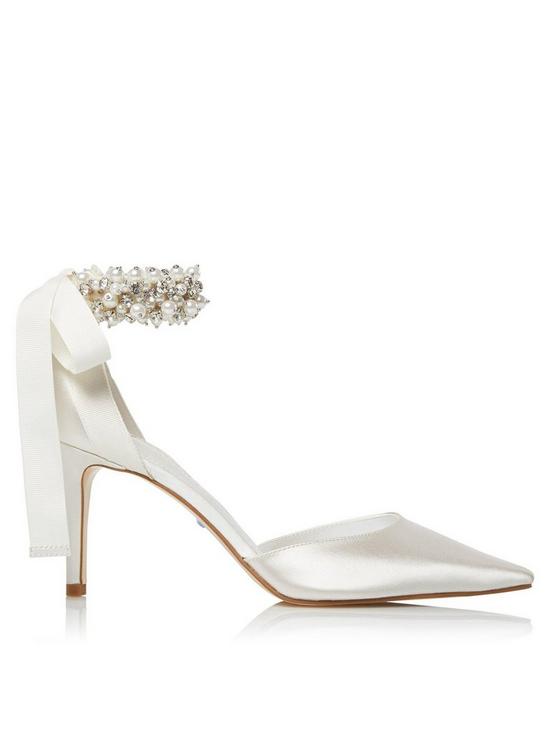 front image of dune-london-clarette-bridal-embellished-ankle-tie-court-shoe-ivory