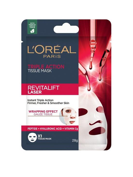 front image of loreal-paris-revitalift-laser-triple-action-tissue-mask-with-peptide-hyaluronic-acid-and-vitamin-cg-28g