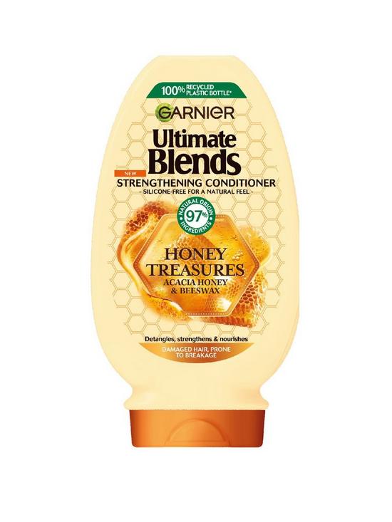 front image of garnier-ultimate-blends-honey-treasures-strengthening-vegan-conditioner-for-damaged-hair-enriched-with-acacia-honey-amp-beeswax-400ml
