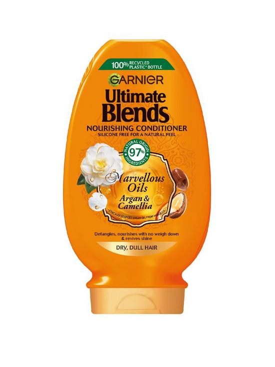 front image of garnier-ultimate-blends-marvellous-oils-shine-enhancing-vegan-conditioner-for-dull-hair-enriched-with-argan-amp-camellia-oil-400ml