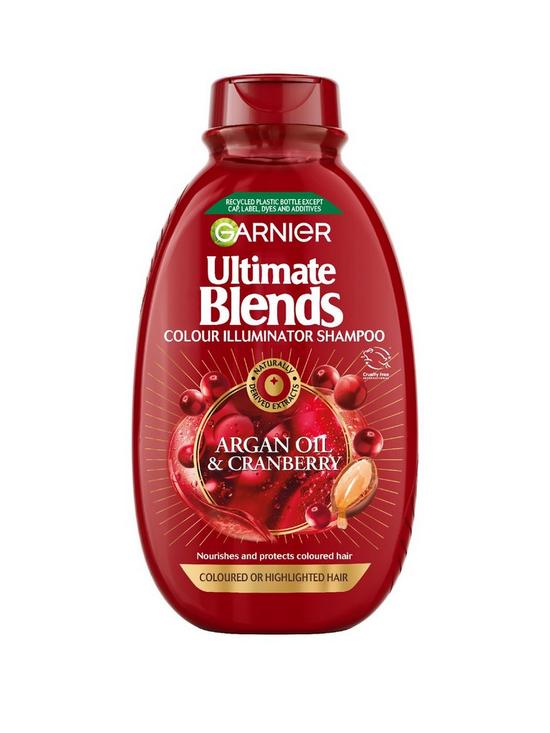 front image of garnier-ultimate-blends-argan-amp-cranberry-protecting-and-illuminating-vegan-shampoo-for-coloured-hair-400ml