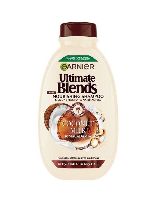 front image of garnier-ultimate-blends-coconut-milk-amp-macadamia-smoothing-and-nourishing-vegan-shampoo-for-curly-hair-400ml