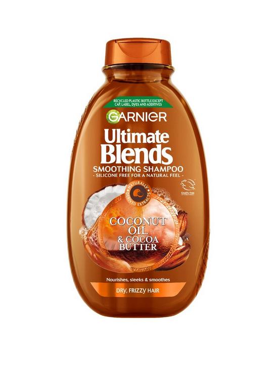 front image of garnier-ultimate-blends-coconut-oil-amp-cocoa-butter-smoothing-and-nourishing-shampoo-for-frizzy-and-curly-hair-400ml