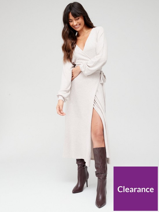 front image of v-by-very-snit-blouson-sleeve-wrap-midaxi-dress-oatmeal