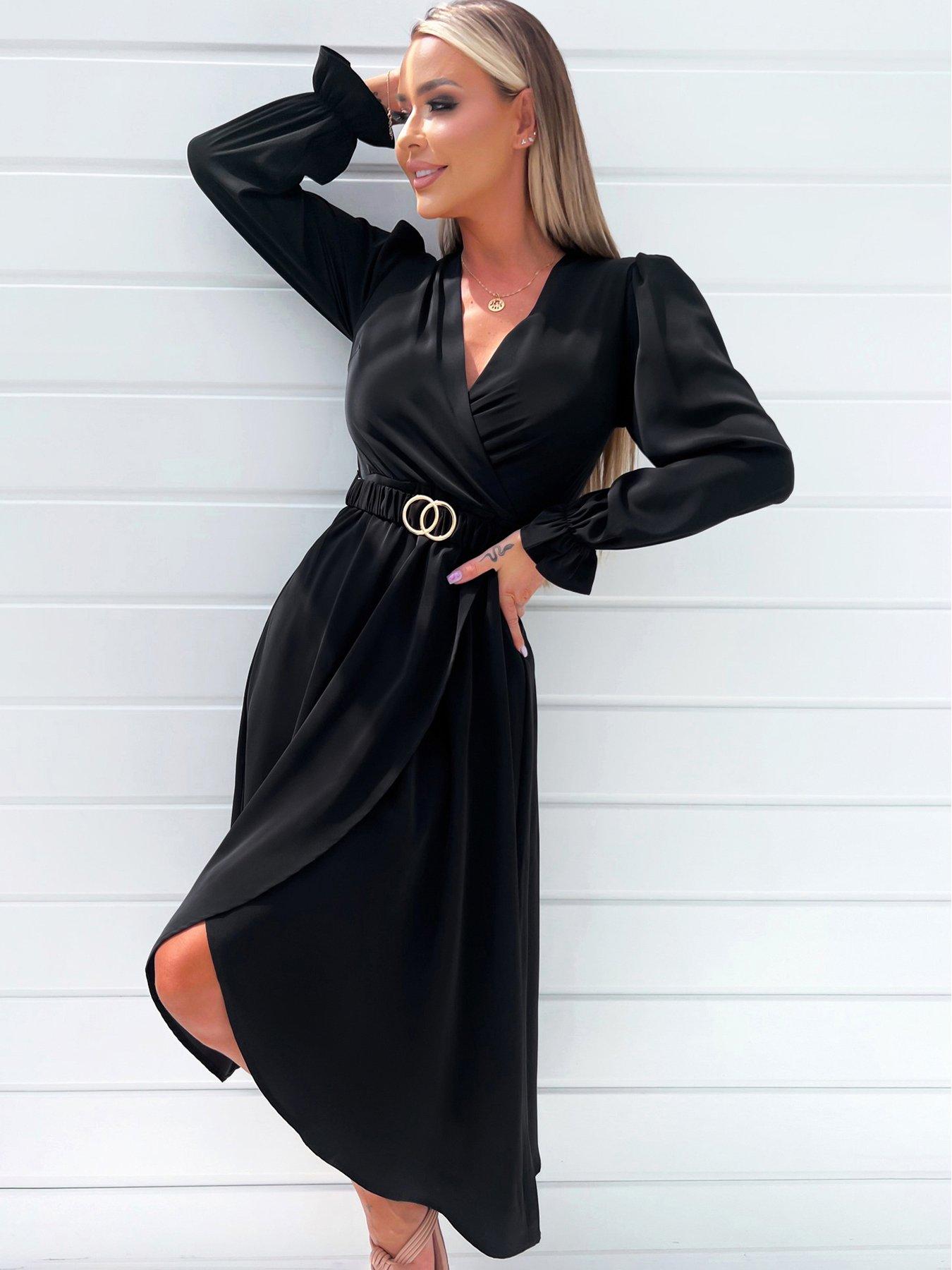 Bria Belted Slinky Stretch Dress - Black