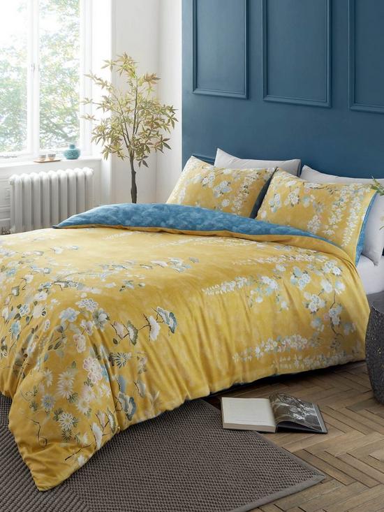 front image of hyperion-kohana-flowers-100-cotton-sateen-duvet-cover-set-in-yellow