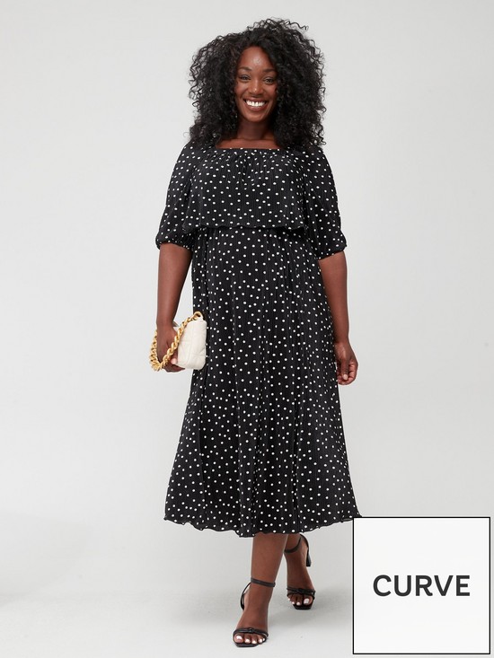 front image of v-by-very-curve-plisse-overlay-square-neck-midi-dress-mono