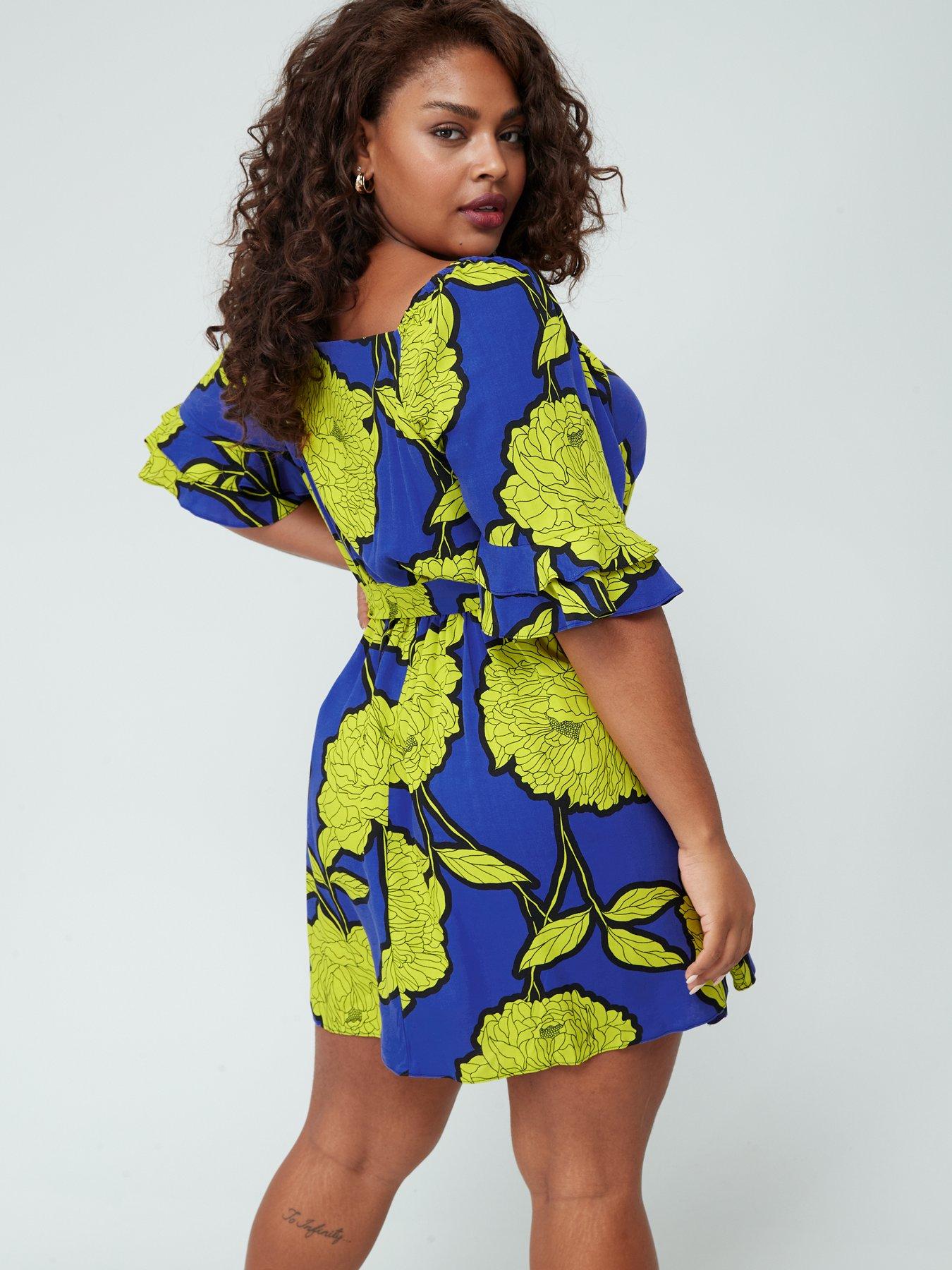  image of v-by-very-curve-three-quarternbspsleeve-belted-mini-dress-floralnbsp