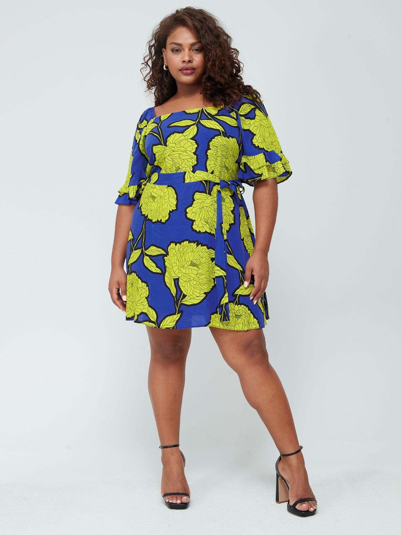  image of v-by-very-curve-three-quarternbspsleeve-belted-mini-dress-floralnbsp