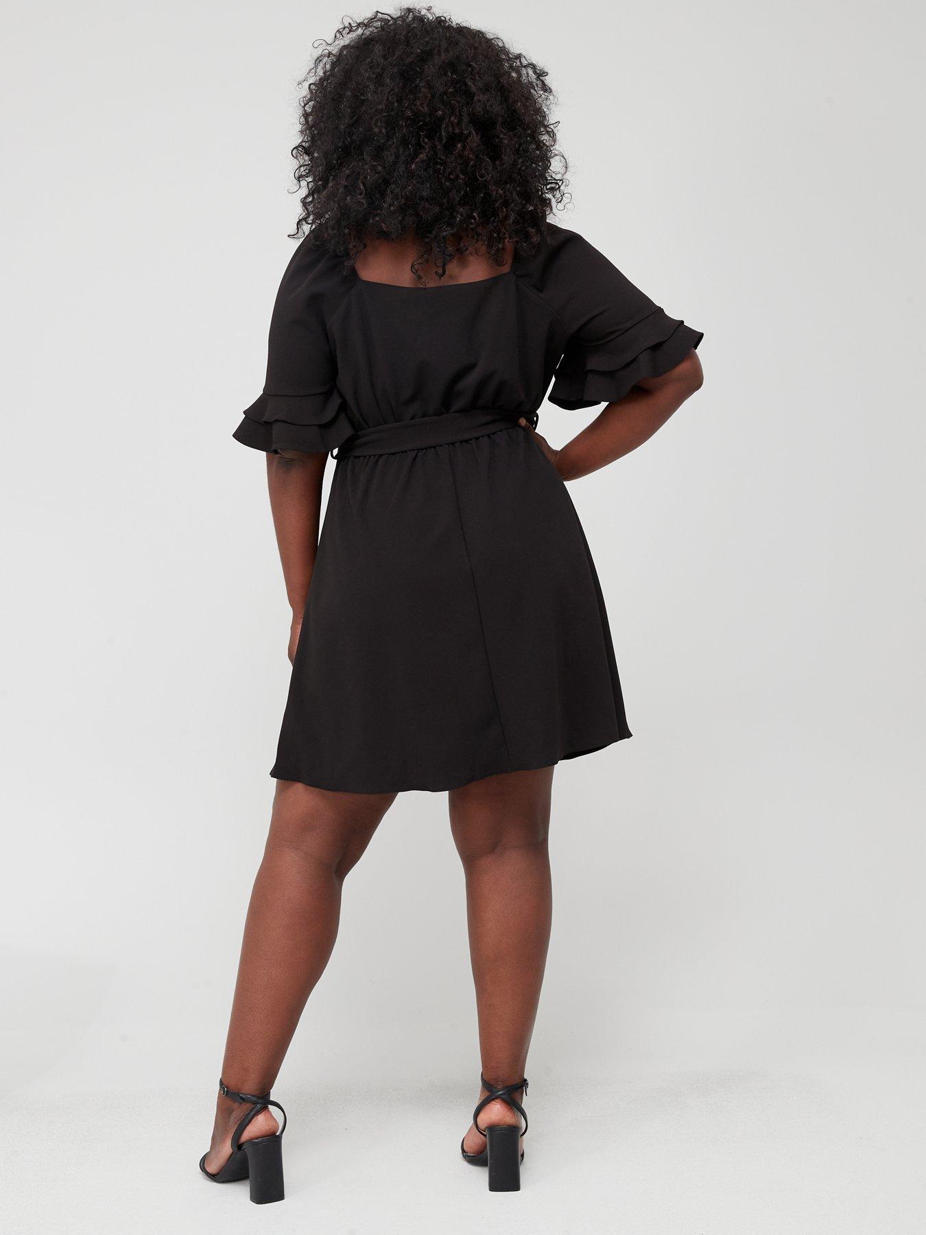 stillFront image of v-by-very-curve-three-quarternbspsquare-neck-sleeve-belted-mini-dress-black