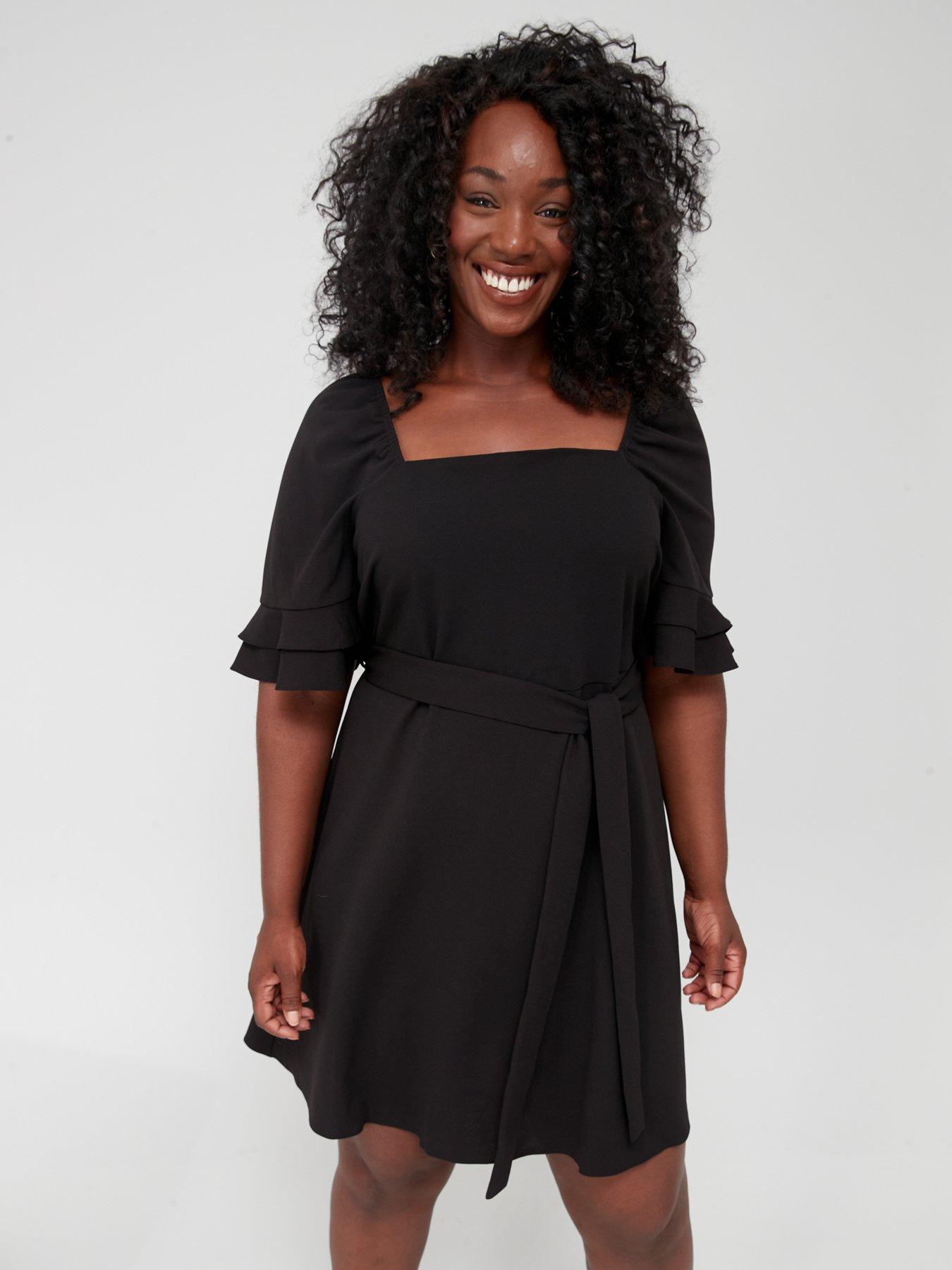  image of v-by-very-curve-three-quarternbspsquare-neck-sleeve-belted-mini-dress-black