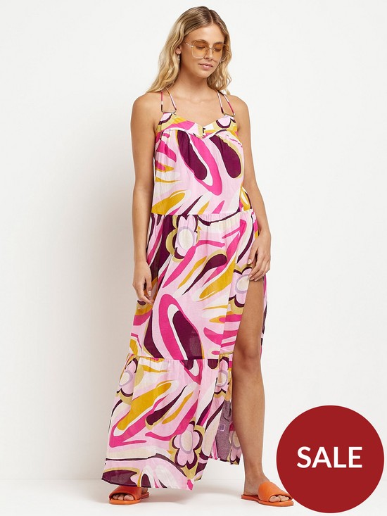 front image of river-island-printed-maxi-trapeze-dress-pink