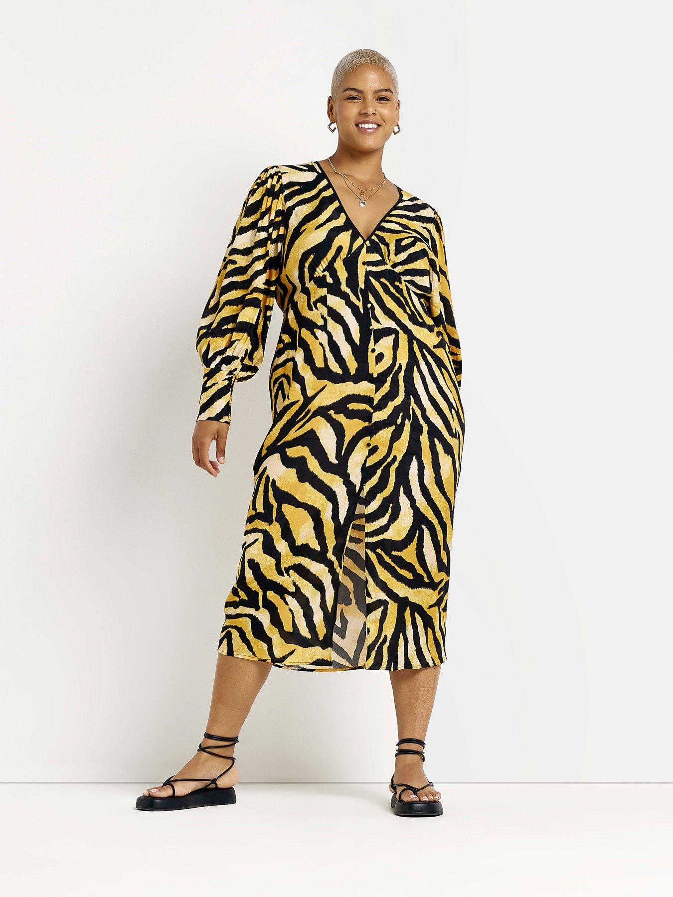  image of ri-plus-plus-button-through-printed-midi-dress-brown