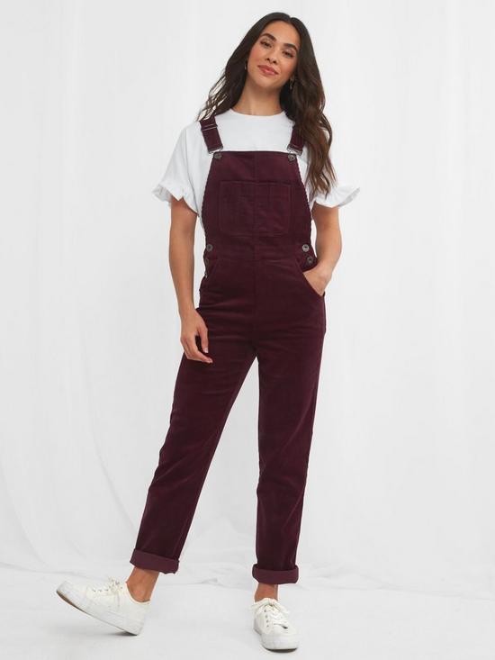 front image of joe-browns-adventurer-cord-dungarees-berry