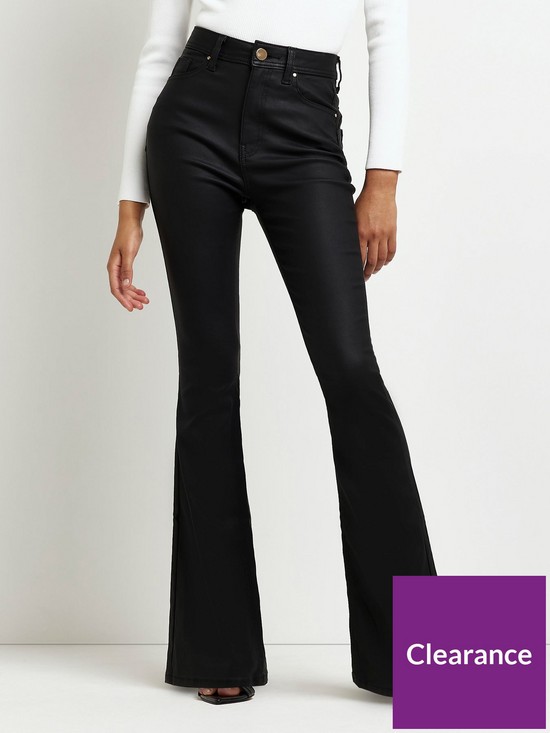 front image of river-island-high-rise-coated-sculpt-flare-jeans-black