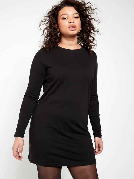 front image of everyday-the-essential-long-sleeve-t-shirt-mini-dress-black