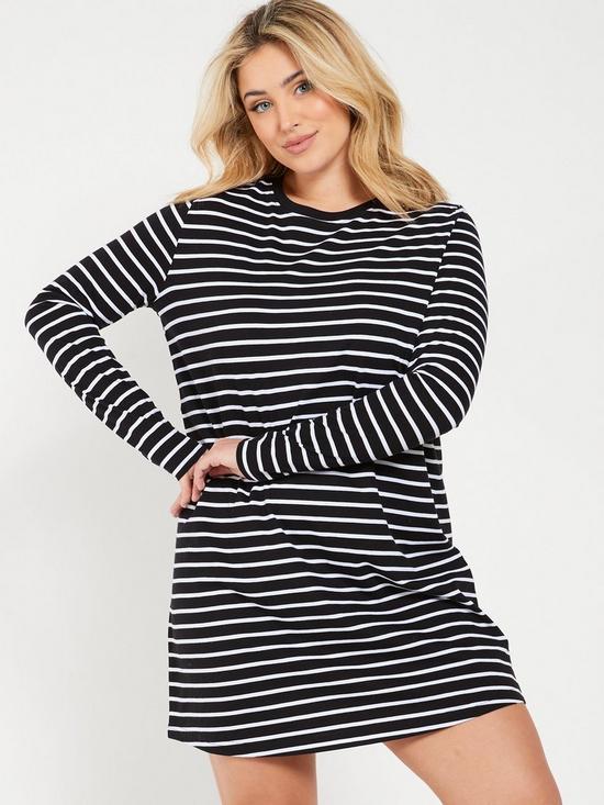 front image of everyday-the-essential-long-sleeve-t-shirt-mini-dress-stripe-multi