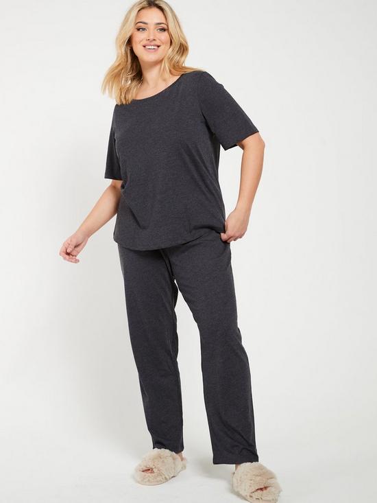 front image of everyday-short-sleeve-and-slim-leg-pyjama-set-charcoal