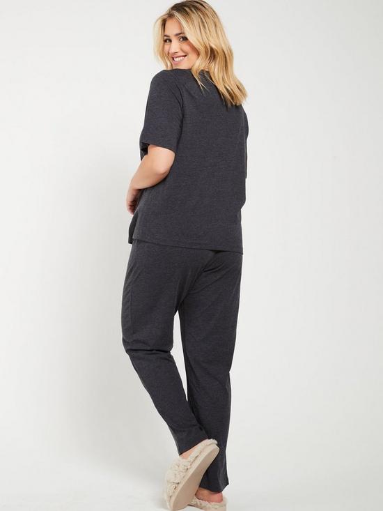 stillFront image of everyday-short-sleeve-and-slim-leg-pyjama-set-charcoal