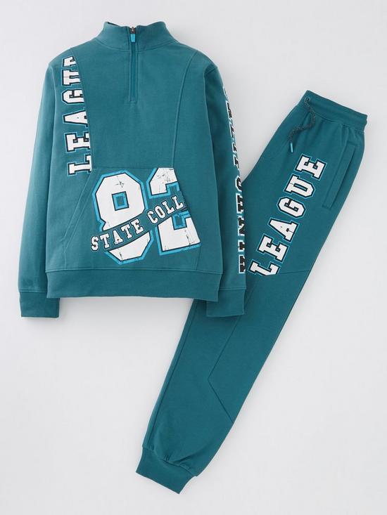 front image of v-by-very-boys-half-zip-cut-and-sew-league-and-jogger-set-turquoise-blue
