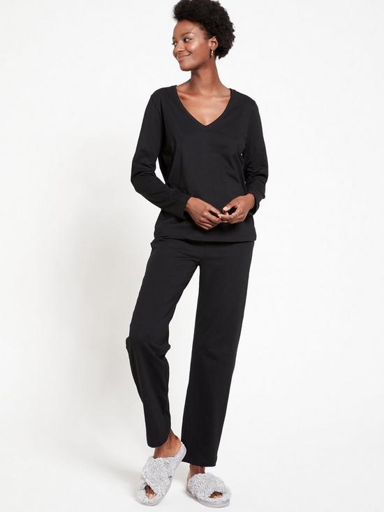 front image of everyday-v-neck-long-sleeve-and-slim-leg-pyjama-set-black