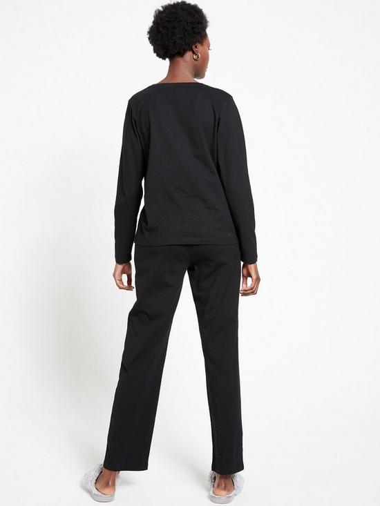 stillFront image of everyday-v-neck-long-sleeve-and-slim-leg-pyjama-set-black