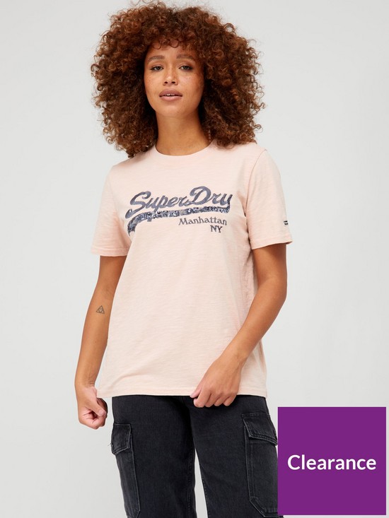 front image of superdry-vintage-logo-sequin-t-shirt-pink