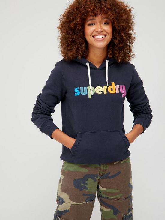 front image of superdry-vintage-rainbow-hoodie-blue