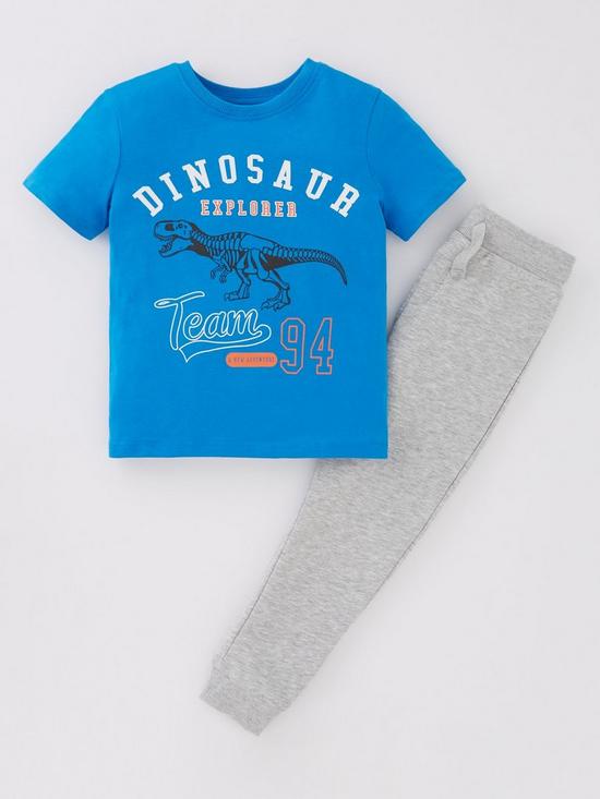 front image of everyday-boys-dino-short-sleeve-t-shirt-and-jogger-set-blue