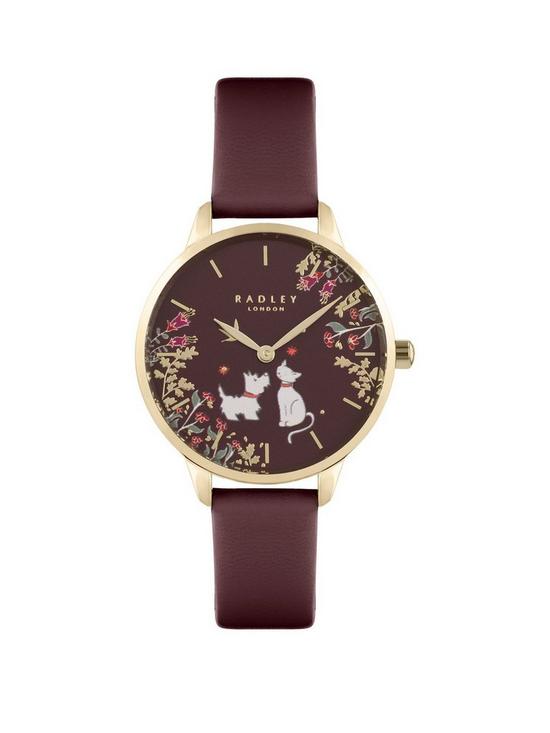 front image of radley-ladies-dark-cherrynbspstrap-with-two-dogs-on-dial-watch