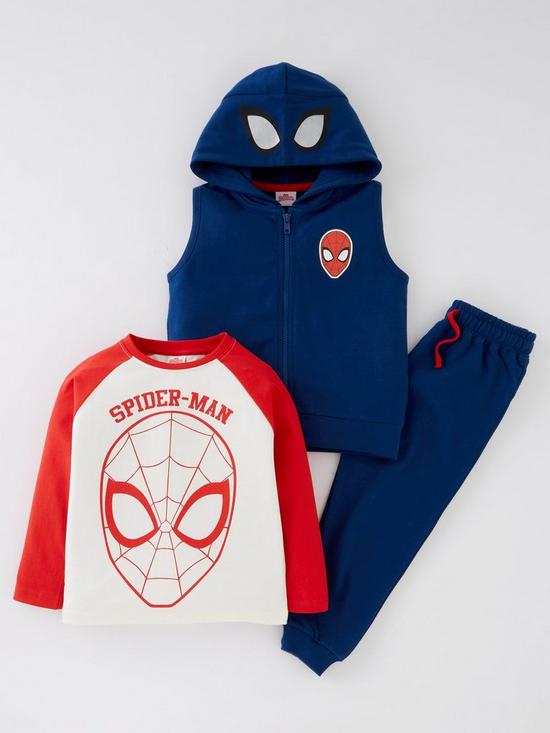 front image of spiderman-three-piece-gilet-t-shirt-and-jogger-set-navy