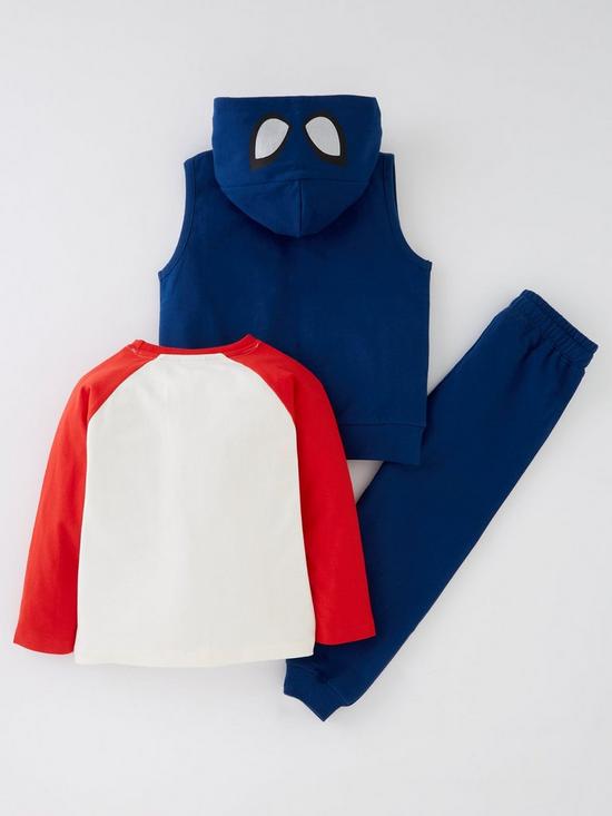 back image of spiderman-three-piece-gilet-t-shirt-and-jogger-set-navy