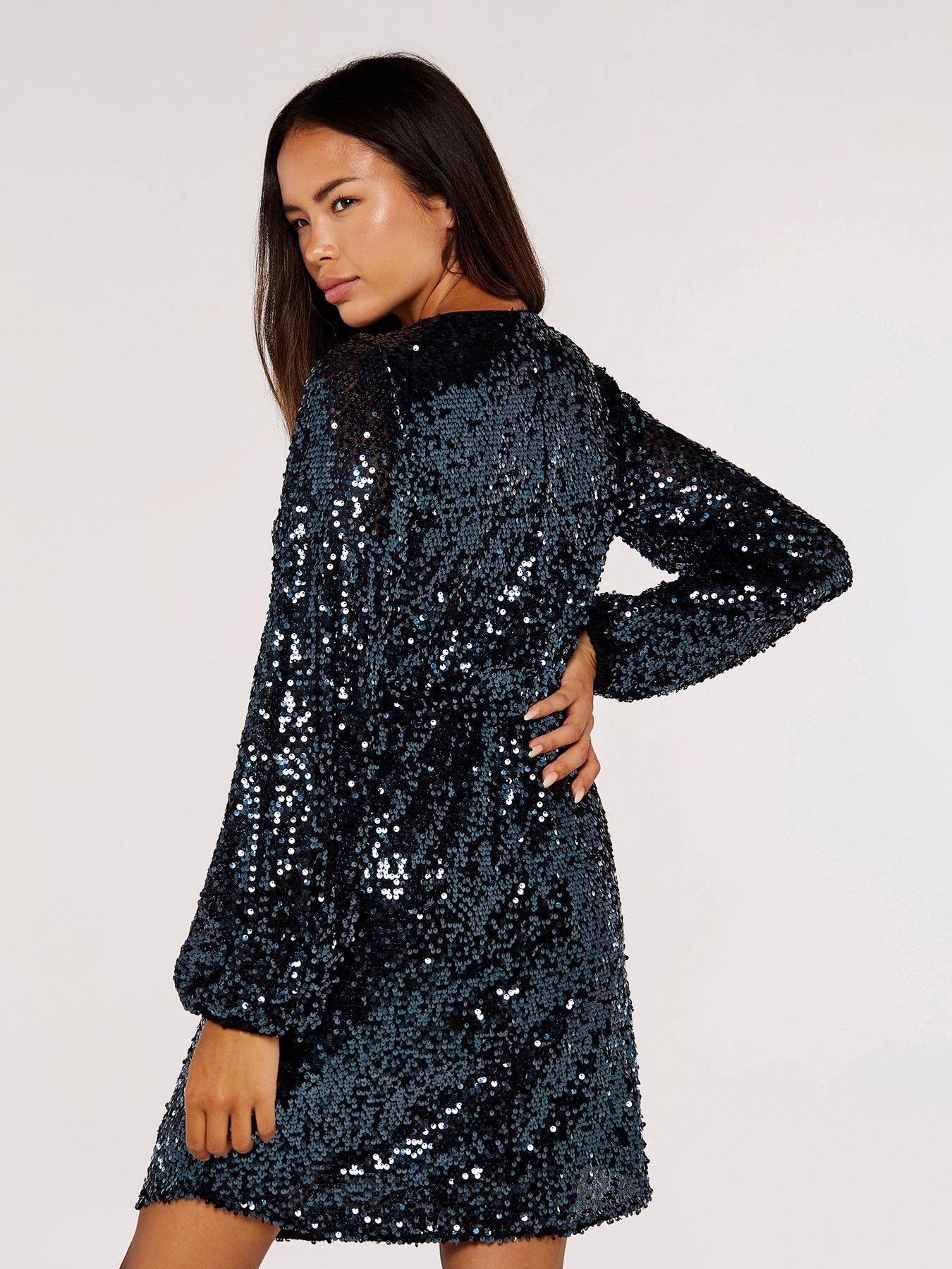 Buy Apricot Black Sequin Puff Sleeve Tie Waist Dress from the Next