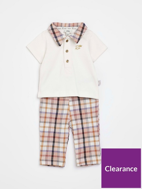 stillFront image of river-island-baby-baby-boys-check-polo-and-trouser-set-cream