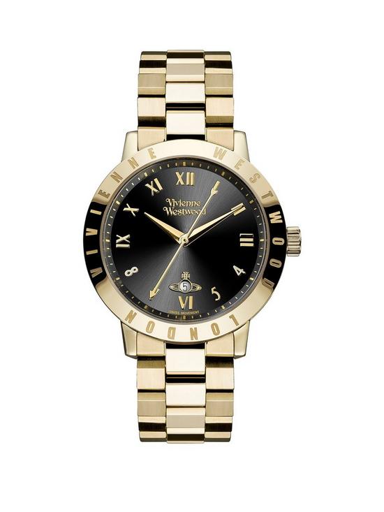 front image of vivienne-westwood-ladies-bloomsbury-ladies-quartz-watch-with-black-dial-gold-stainless-steel-bracelet-vv152bkgd