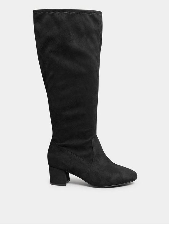 front image of yours-extra-wide-fit-stretch-knee-high-boots-black-micro