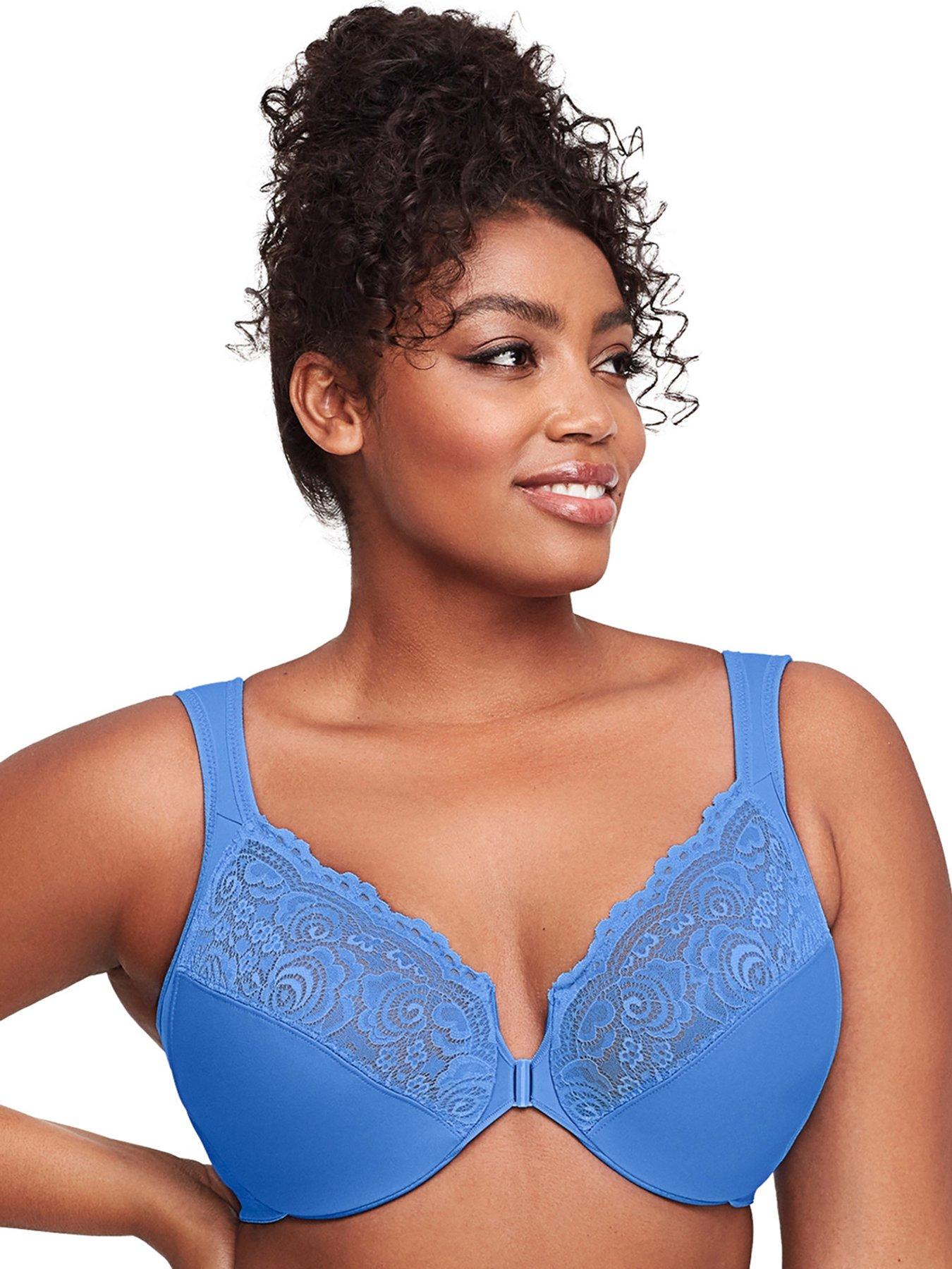front image of glamorise-wonderwire-lace-front-close-bra-blue