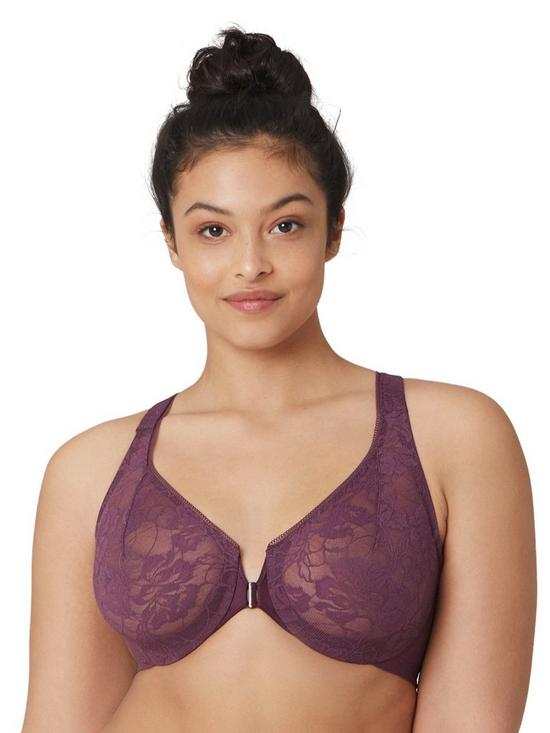 front image of glamorise-lacey-t-back-front-close-wonderwire-bra-plum