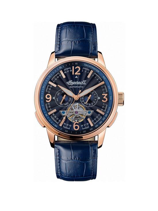 front image of ingersoll-the-regent-mens-automatic-mens-watch-with-blue-dial-and-blue-leather-strap-i00301b